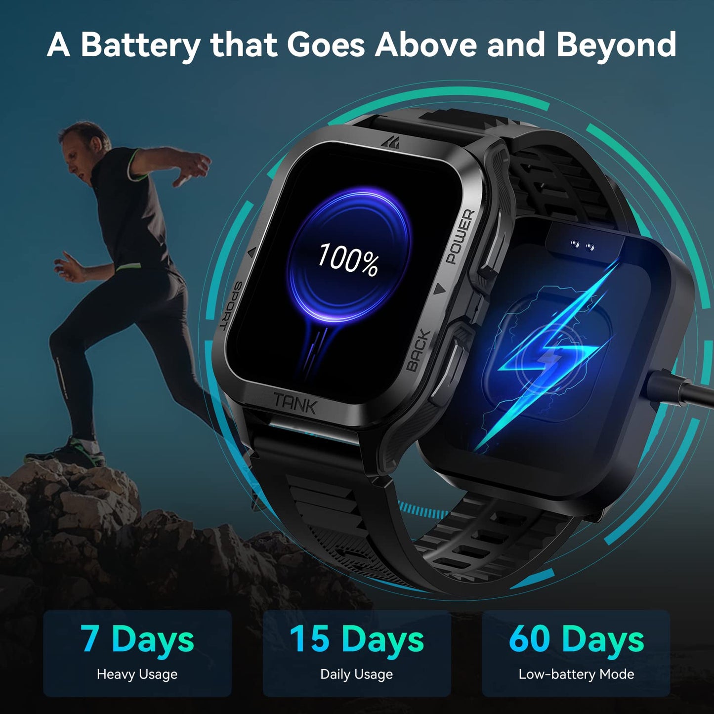 AMAZTIM Smart Watch, 60 Days Extra-Long Battery, 50M Waterproof, Rugged Military Bluetooth Call(Answer/Dial Calls), 1.85" Ultra Large HD Display, AI Voice Assistant, Compatible for Android and iOS