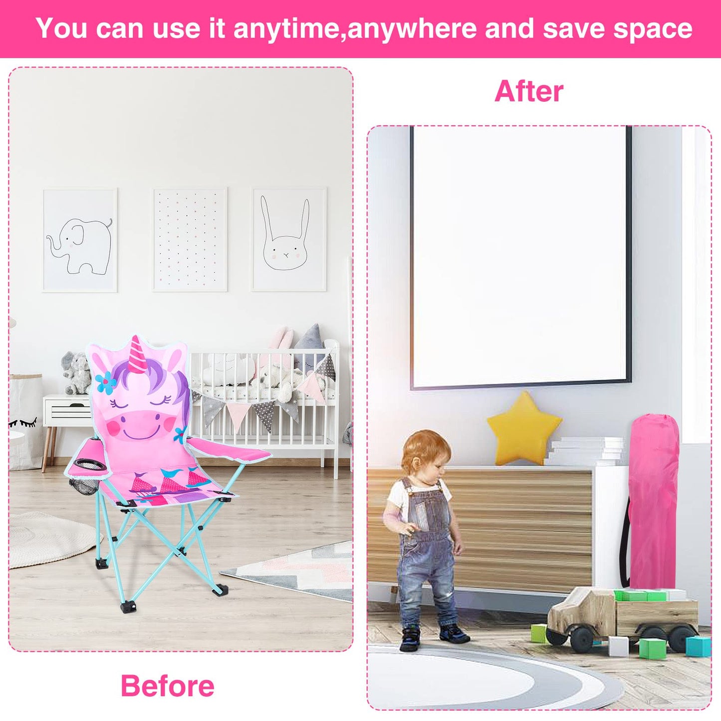 KABOER Kids Outdoor Folding Lawn and Camping Chair with Cup Holder and Carrying Bag, Children's Camping Chairs for Outdoor Beach Travel (Pink Unicorn)