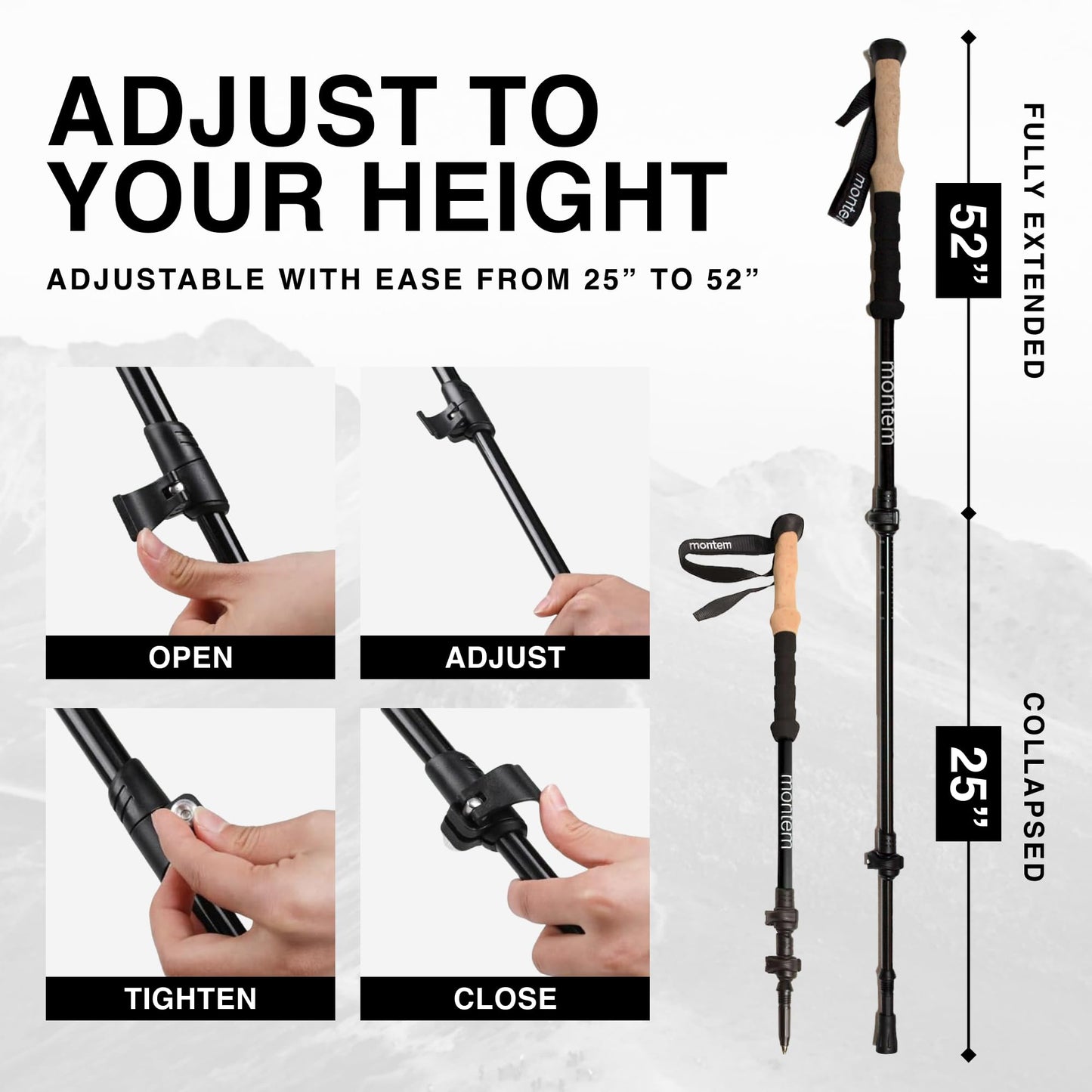Montem Ultra Strong Trekking, Walking, and Hiking Poles - One Pair (2 Poles) - Collapsible, Lightweight, Quick Locking, Weather-Resistant and Ultra Durable (Black (EVA Foam Grip))