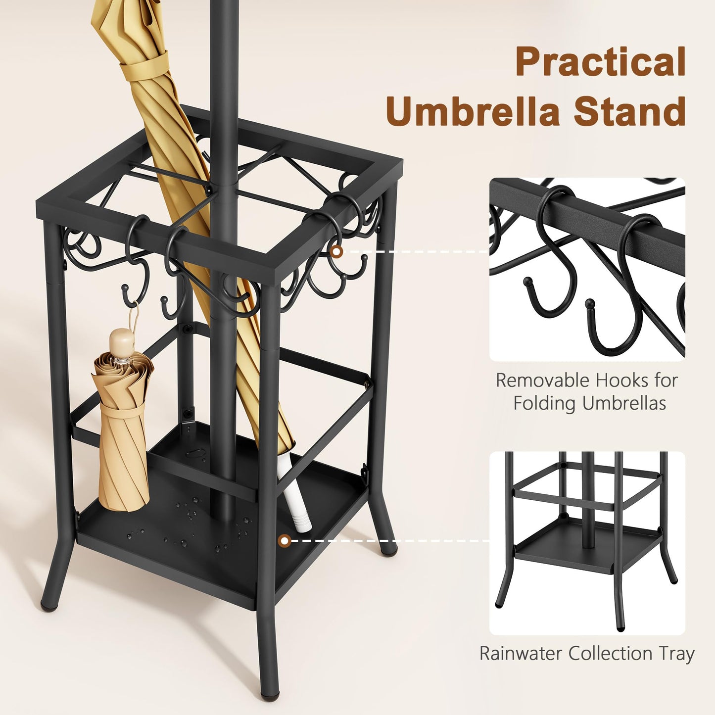 Hoctieon Coat Rack Freestanding, Entryway Hanger Stand, Umbrella Holder, Hall Tree With 12 Hooks, Floor Standing Metal Tree Stand, Black