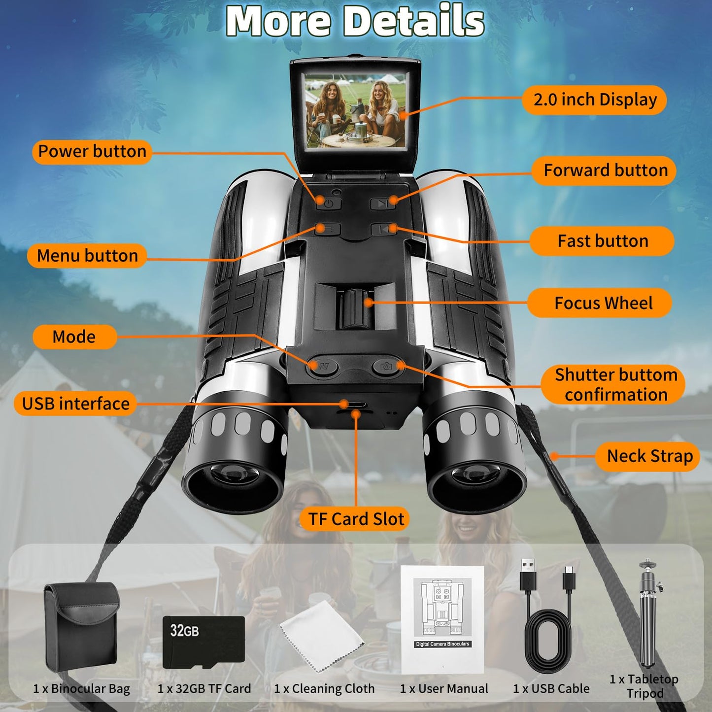 12x32 Binoculars for Adults, Digital Binoculars with Camera 5MP Photo Full HD Video 2" LCD Display Screen with 32GB Micro SD Card for Bird Watching Hunting Football Concerts Theatre (Silver)