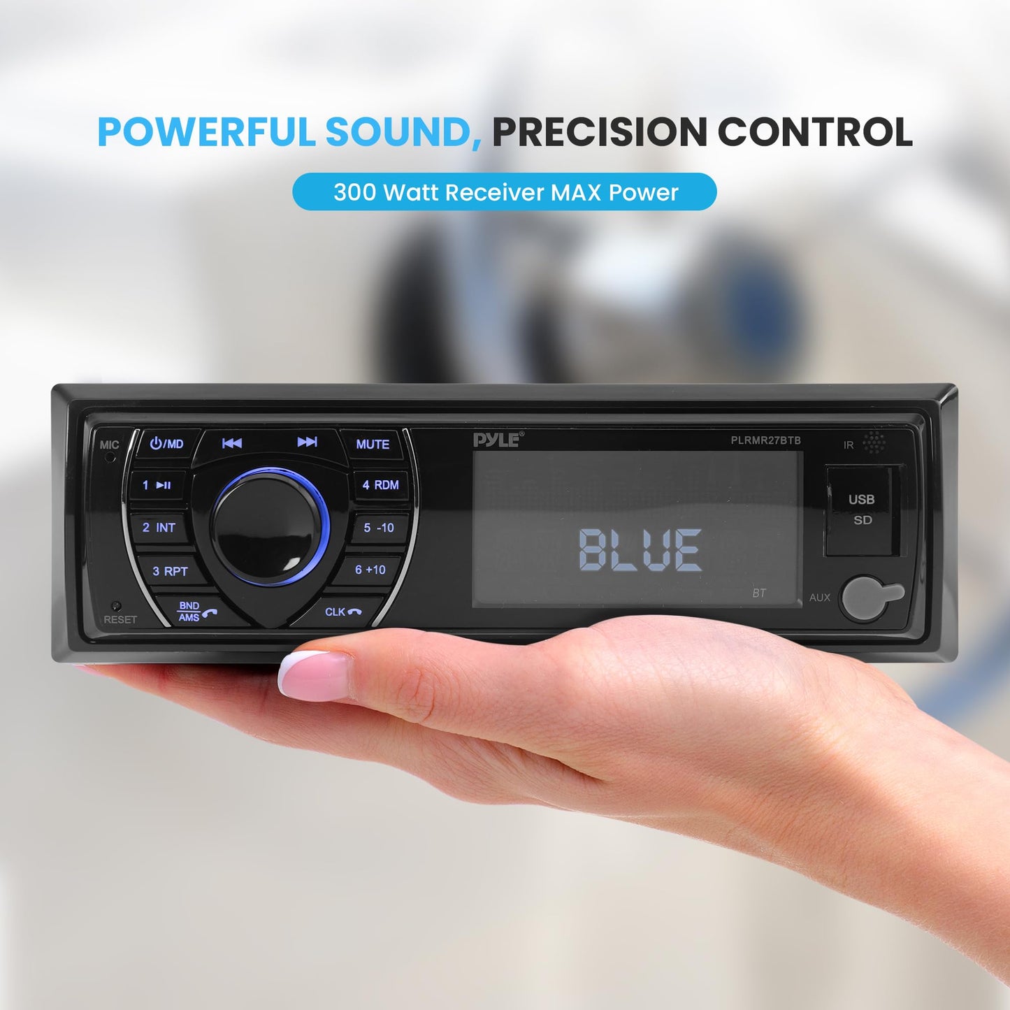 Pyle 300W Bluetooth Marine Stereo Receiver - Single DIN In-Dash AM/FM Radio with USB/SD - AUX - MP3 - Built-in Mic - EQ - Wireless Music Streaming - Remote - 12V - PLMRM29BT