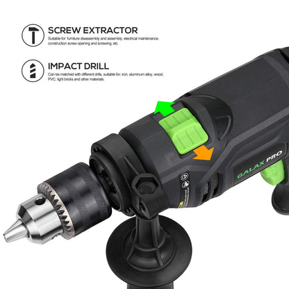 GALAX PRO 5Amp 1/2-inch Hammer Drill with 105pcs Accessories, Variable Speed 0-3000, Hammer and Drill 2 Functions in 1, 360°Rotating Handle, Depth Gauge, Carrying Case Included