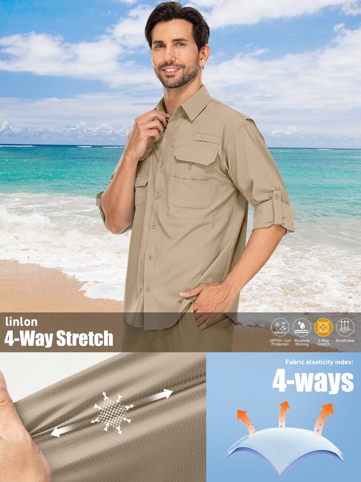 linlon Mens Safari Shirts Long Sleeve UV Protection Hiking Fishing UPF 50+ Quick Dry Cooling Camping Travel Shirts#5066-Khaki-XL