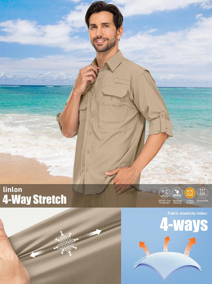 linlon Mens Safari Shirts Long Sleeve UV Protection Hiking Fishing UPF 50+ Quick Dry Cooling Camping Travel Shirts#5066-Khaki-XL