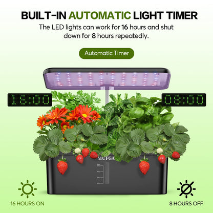 MUFGA 12 Pods Hydroponics Growing System, Indoor Garden with LED Grow Light, Plants Germination Kit, Mini Herb Garden with Pump System, Height Adjustable (No Seed)