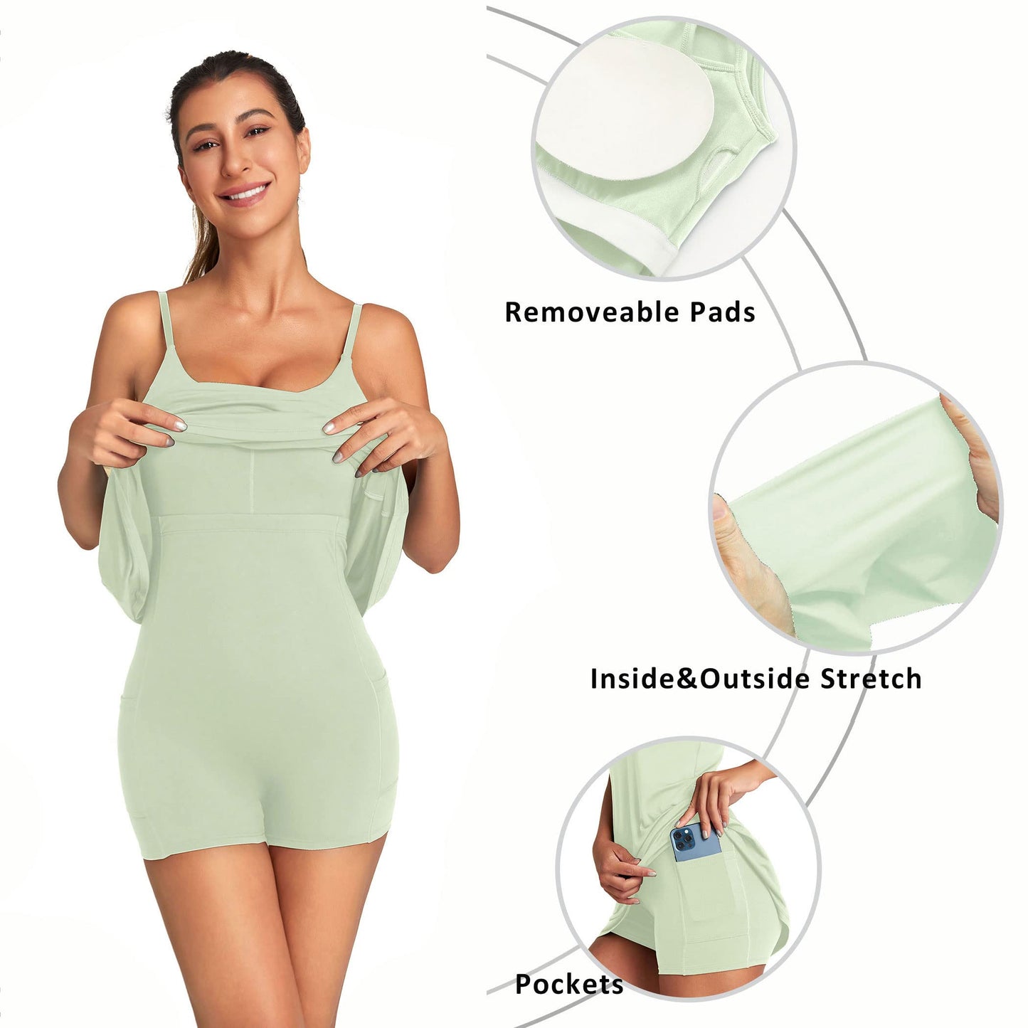OVRUNS Women's Tennis Dress Built-in Bra & Shorts Exercise Workout Golf Athletic Dress with Pockets - Light Green - L