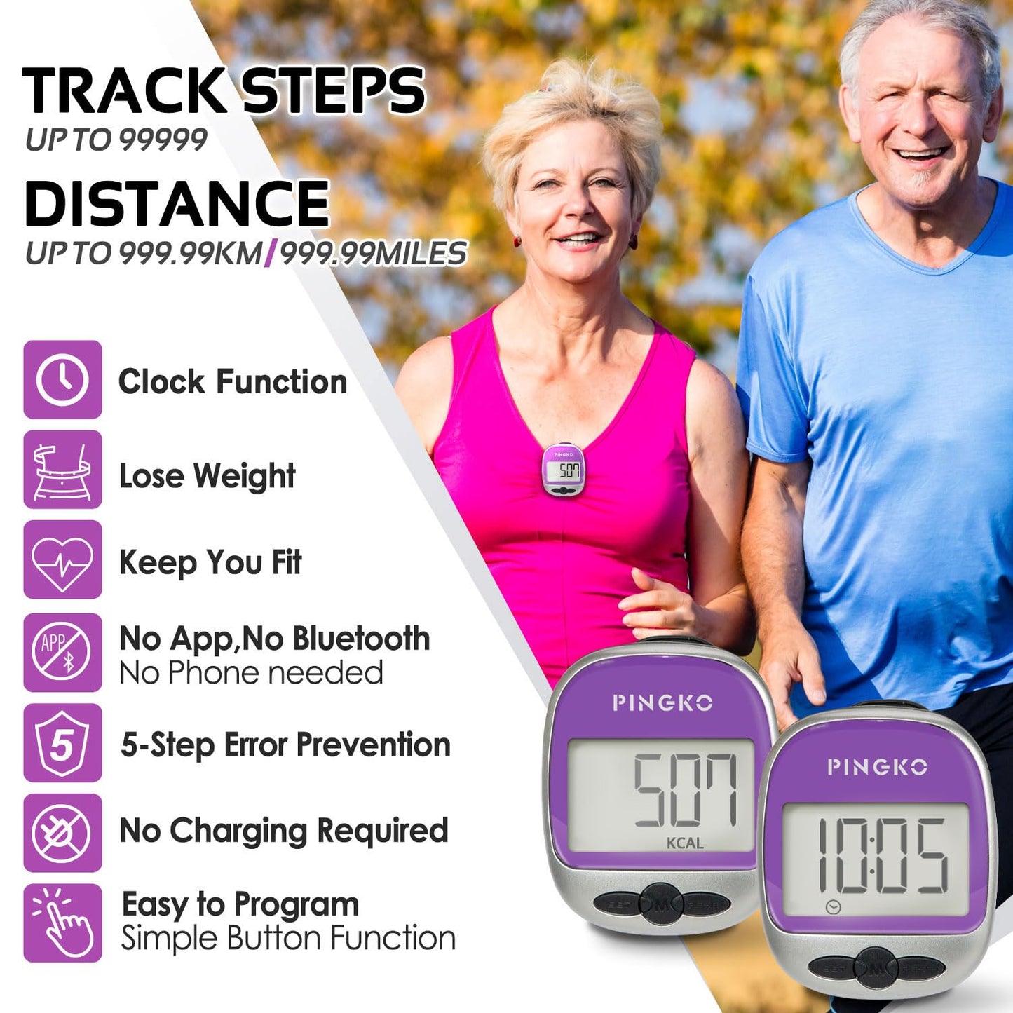 PINGKO Outdoor Multi-Function Portable Sport Pedometer Step/Distance/Calories/Counter - Purple