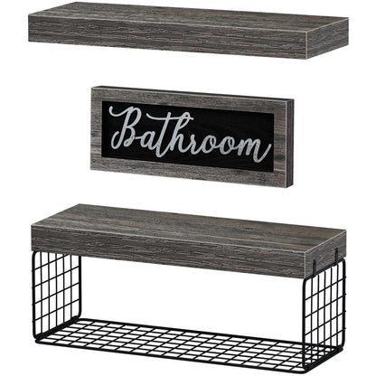 QEEIG ‎Bathroom Shelves Over Toilet - Paper Storage Wall Mounted Farmhouse Decor Decorations Aesthetic Décor Sign Small Floating Shelf 2+1 Set 16 inch, Grey (020GY)