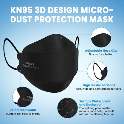 KN95 Face Masks for Adults 50 Pack, Individually Wrapped, 5-Ply Black Disposable Face Mask Against PM 2.5 Smoke & Dust, Filtration Efficiency 95%