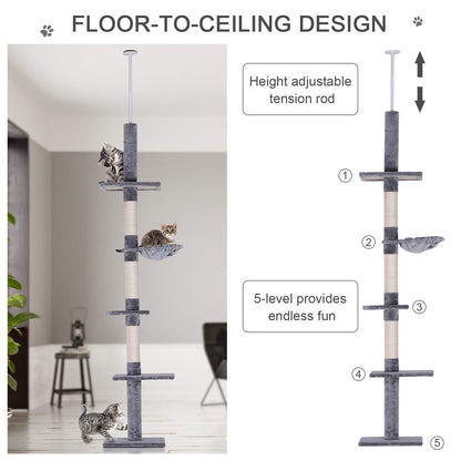 PawHut 8.5' Adjustable Height Floor-to-Ceiling Vertical Cat Tree, 5 Level Cat Climbing Tower, Gray