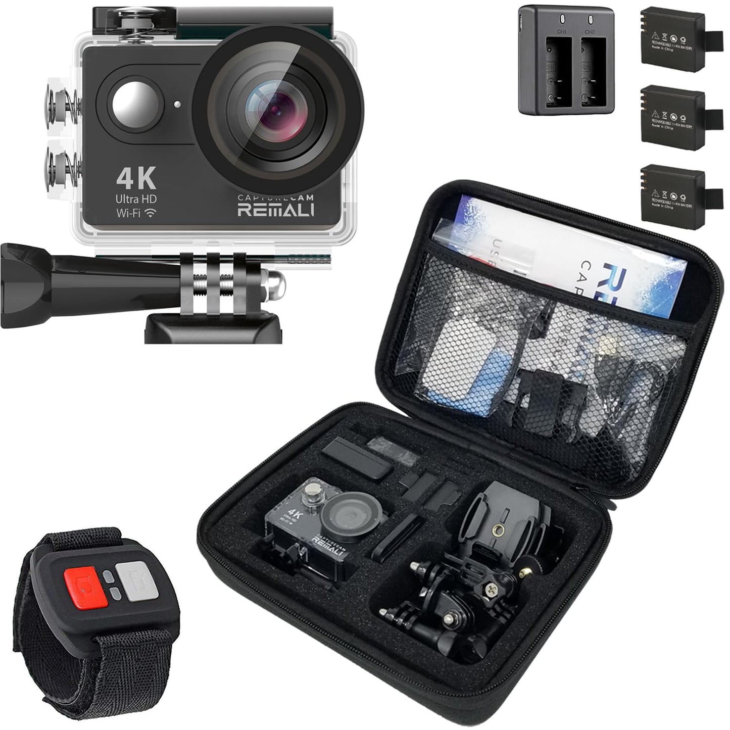 REMALI CaptureCam 4K60FPS Waterproof Action Camera 21-Piece Complete Kit and 3 Batteries — Amazing Family Sports Camera That Captures Best Moments — Great for Baseball, Fishing & Travel Adventures