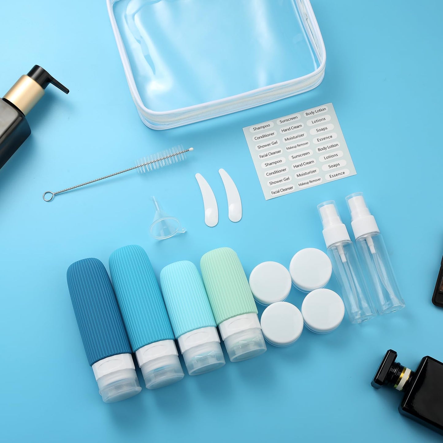 Mrsdry 16 Pack Travel Bottles Set, TSA Approved Leak Proof Silicone Squeezable Containers for Toiletries, Refillable Travel Accessories for Conditioner, Shampoo, Lotion & Body Wash Accessories