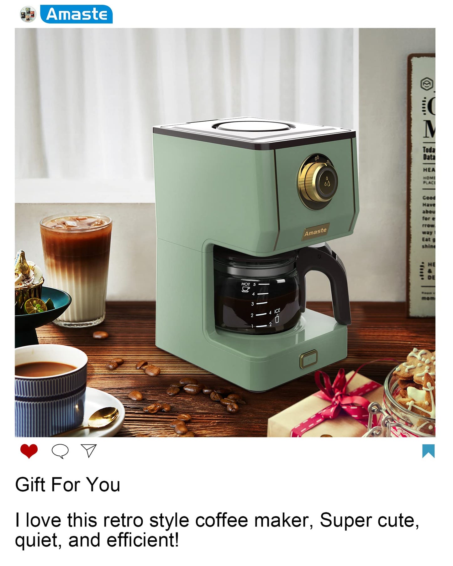 Amaste Drip Coffee Maker, Coffee Machine with 25 Oz Glass Coffee Pot, Retro Style Coffee Maker with Reusable Filter & Three Brewing Modes, 30minute-Warm-Keeping, Matcha Green