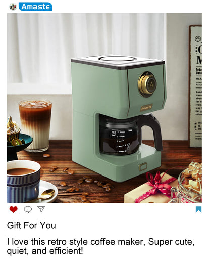 Amaste Drip Coffee Maker, Coffee Machine with 25 Oz Glass Coffee Pot, Retro Style Coffee Maker with Reusable Filter & Three Brewing Modes, 30minute-Warm-Keeping, Matcha Green