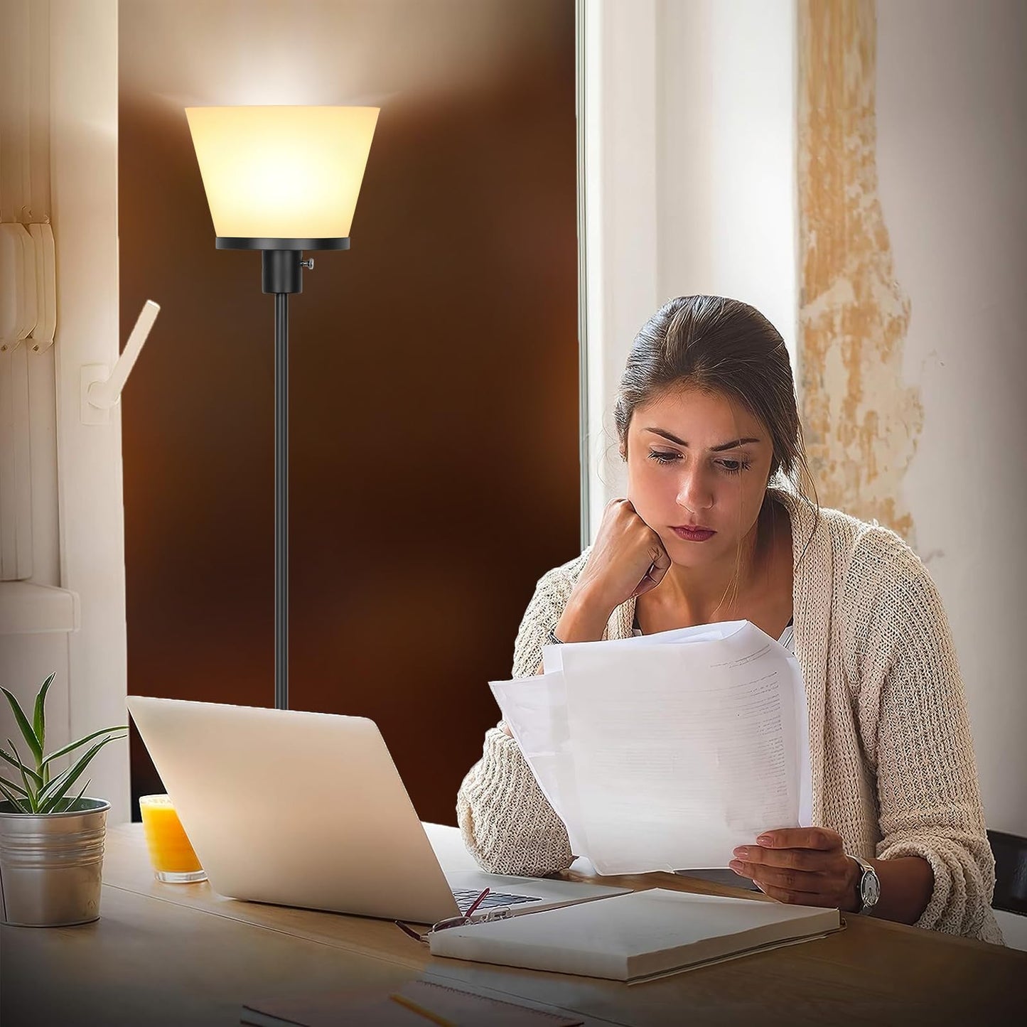 Kukobo LED Floor Lamp Tall Standing Lamp, Black Modern Torchiere Floor Lamps for Bedroom Living Room Office, Bright Floor Lamp with White Plastic Shade, Bulb Not Included.