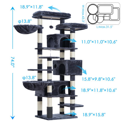 Hey-brother Cat Tree, 74 inches Multi-Level XL Large Cat Tower for Indoor Cats with Three Cat Condos, Two Large Top Decks and Cat Hairbrushfor Kittens, Cats and Pets, Smoky Gray MPJ035-MG