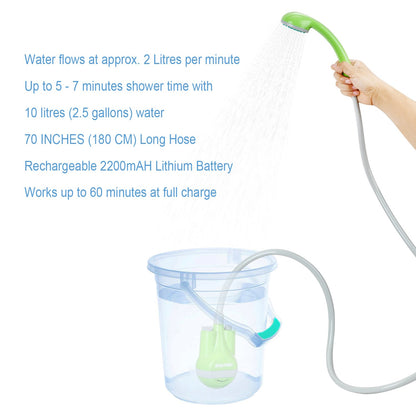 RISEPRO Portable Camping Shower, Outdoor Head, Pump With Rechargeable Battery, USB Charging Line, Pumps Water From Bucket for Hiking, Pet Cleaning, Car Washing