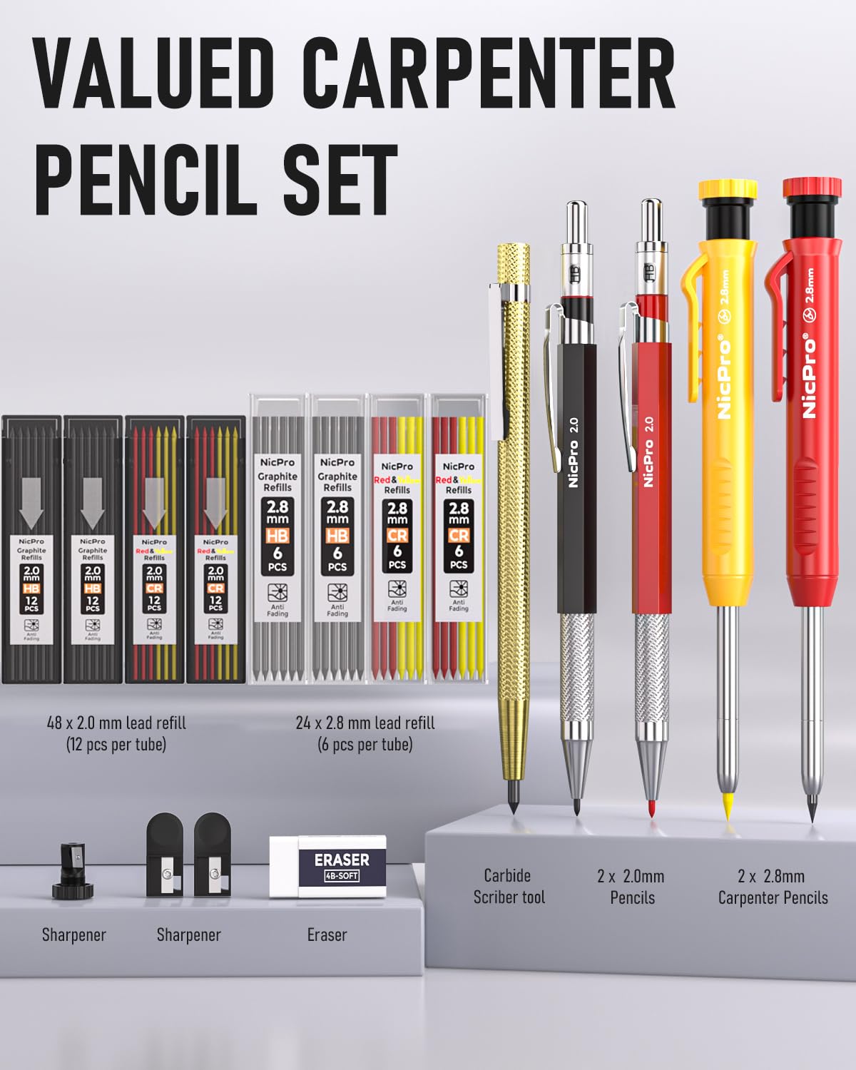Nicpro 18 Pack Carpenter Pencil Set with Sharpener, Mechanical Carpenter Pencils with 76 Refills and Carbide Scribe Tool, Deep Hole Marker, Heavy Duty Construction Pencil for Architect-With Case