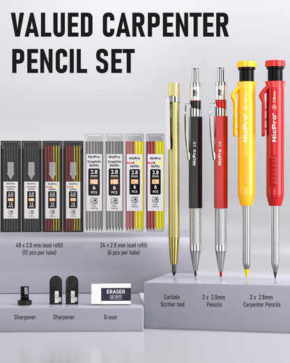 Nicpro 18 Pack Carpenter Pencil Set with Sharpener, Mechanical Carpenter Pencils with 76 Refills and Carbide Scribe Tool, Deep Hole Marker, Heavy Duty Construction Pencil for Architect-With Case