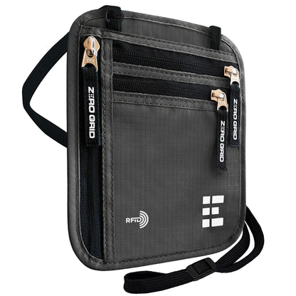 Neck Wallet for Travel & Passport Holder with RFID Blocking - Slim & Easy to Conceal Nylon Travel Pouch for men & women - Holds Phone, Cash, Cards, Keys - Sweat & Water Resistant - Large - Dark Grey