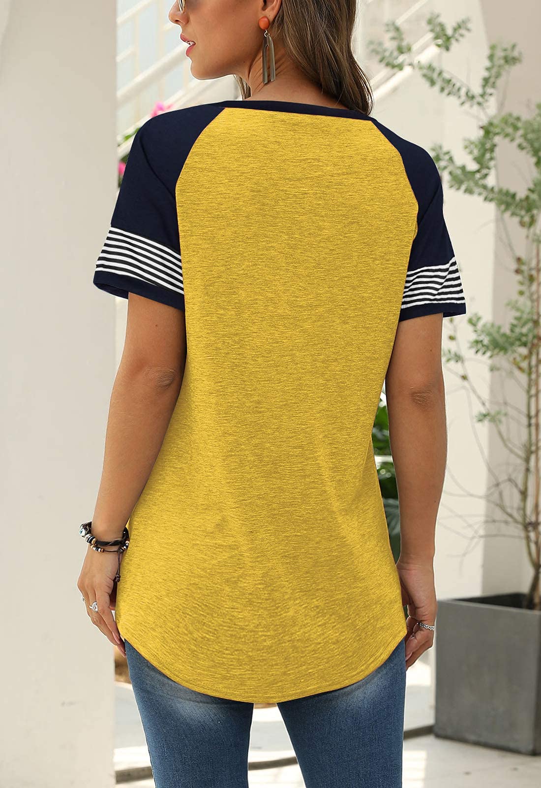 Adibosy Women Summer Casual Shirts: Short Sleeve Striped Tunic Tops - Womens Color Block Tee Tshirt Blouses Yellow L