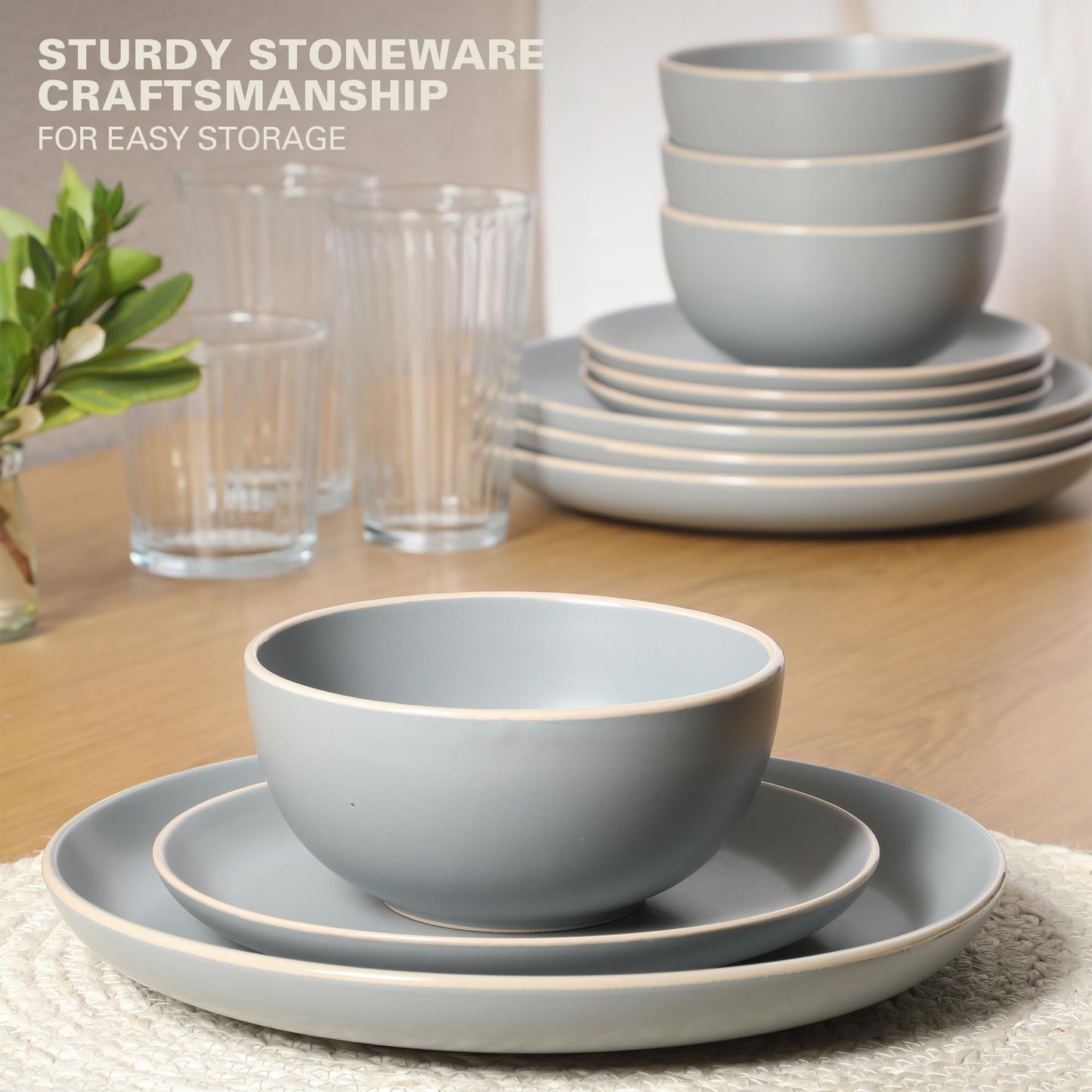 Gibson Home Rockaway 12-Piece Dinnerware Set Service for 4, Grey Matte -
