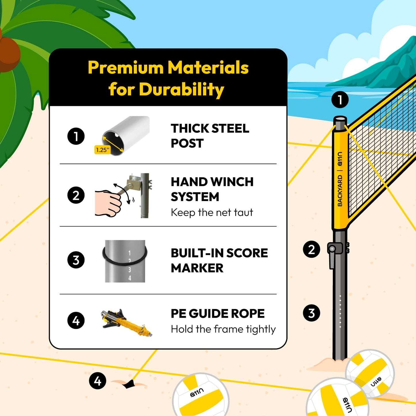 A11N Outdoor Volleyball and Badminton Combo Set - Includes Adjustable Height Anti-Sag Net, Volleyball, Air Pump, 4 Badminton Rackets, 2 Shuttlecocks, Boundary Line Marker, and Carrying Bag