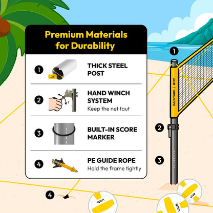A11N Outdoor Volleyball and Badminton Combo Set - Includes Adjustable Height Anti-Sag Net, Volleyball, Air Pump, 4 Badminton Rackets, 2 Shuttlecocks, Boundary Line Marker, and Carrying Bag