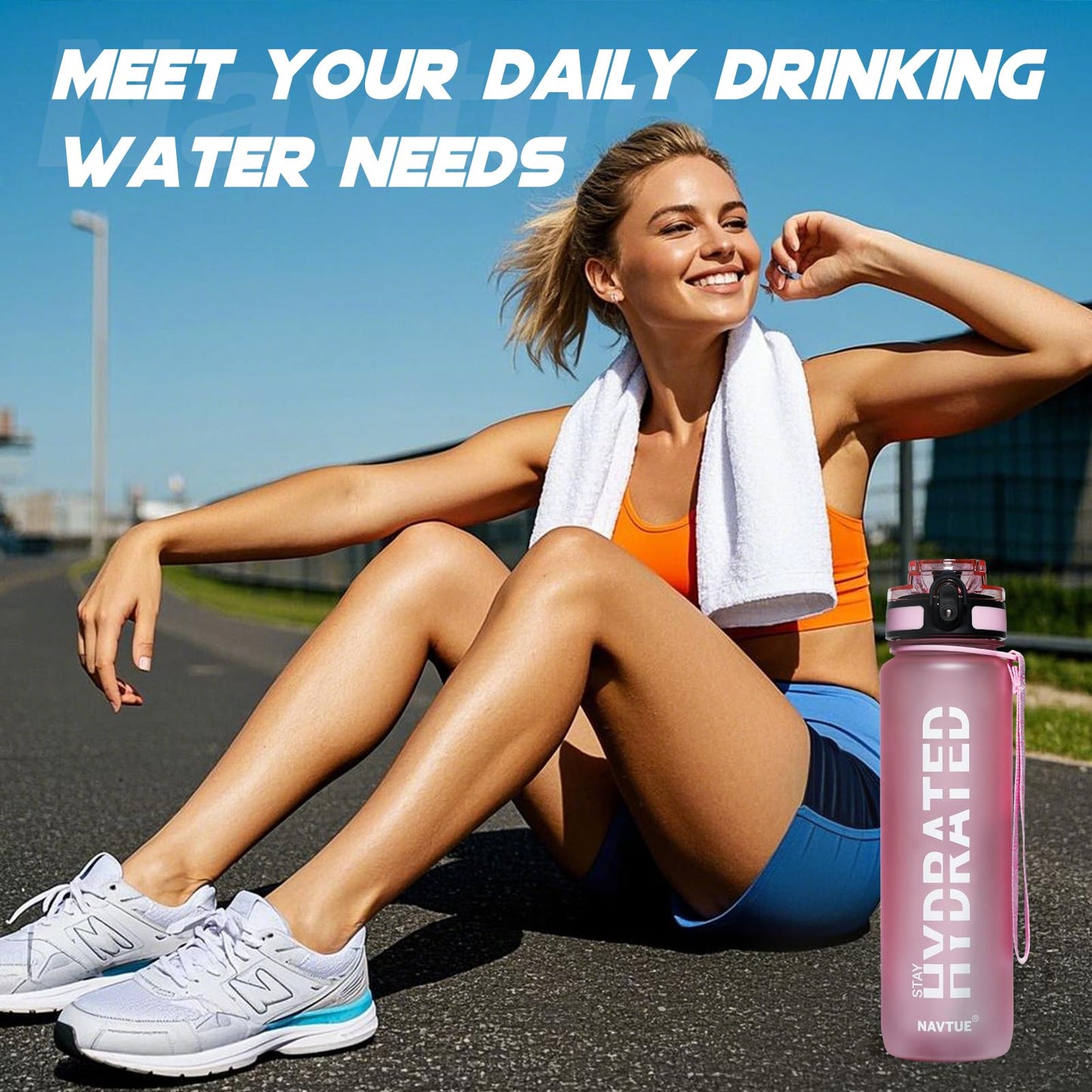 NAVTUE Water Bottle, 32oz Sports Water Bottles with Time Marker Wide Mouth, Motivational and Leakproof Drink Bottle, BPA Free Tritan with Carry Strap for Gym Fitness Outdoor(Direct Drink)