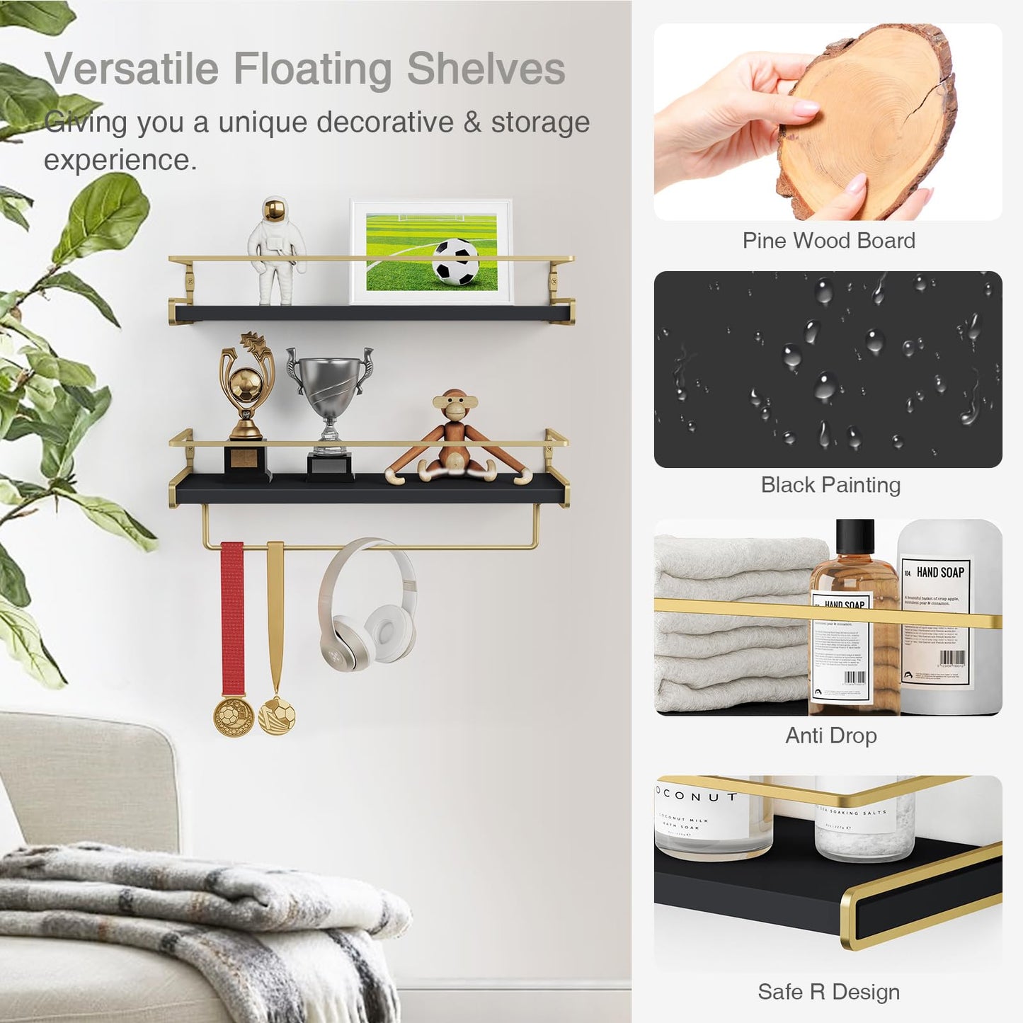 Forbena Black and Gold Floating Shelves for Wall, Bathroom Wall Shelves Over Toilet, Wood Hanging Shelves Wall Mounted for Kitchen Coffee Bar (Black and Gold)