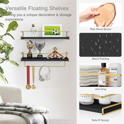 Forbena Black and Gold Floating Shelves for Wall, Bathroom Wall Shelves Over Toilet, Wood Hanging Shelves Wall Mounted for Kitchen Coffee Bar (Black and Gold)