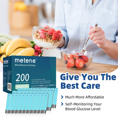 Metene TD-4116 Blood Glucose Test Strips, 200 Count Test Strips for Diabetes, Use with metene TD-4116 and metene S Blood Glucose Monitor Only(No Monitor)