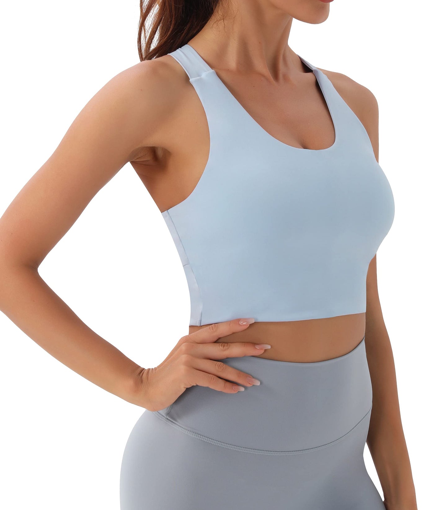 JOYSPELS Sports Bras for Women Extra Comfort Criss-Cross Back Padded Workout Tops for Women Medium Support Light Blue
