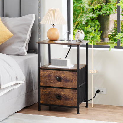 LOAKEKEL Night Stand Set 2, Nightstand with Charging Station, End Tables with Storage Shelf for Small Spaces, Bedside Table Side Tables with 2 Fabric Drawers for Bedroom, Rustic Brown, HETS020PBR