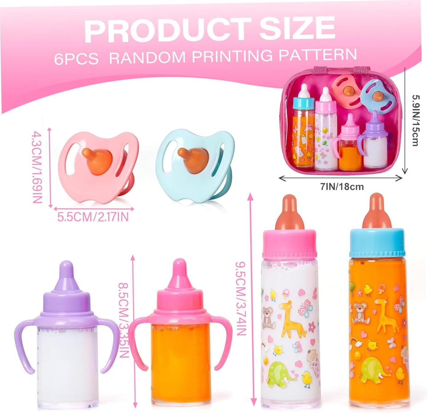 fash n kolor®, My Sweet Baby Disappearing Doll Feeding Set, Baby Care 6 Piece Doll Feeding Set for Toy Stroller | 2 Milk & Juice Bottles with 2 Toy Pacifier for Baby Dolls
