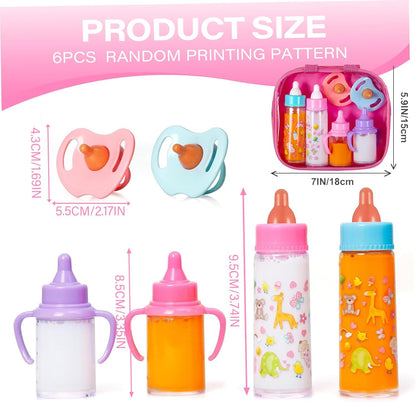 fash n kolor®, My Sweet Baby Disappearing Doll Feeding Set, Baby Care 6 Piece Doll Feeding Set for Toy Stroller | 2 Milk & Juice Bottles with 2 Toy Pacifier for Baby Dolls