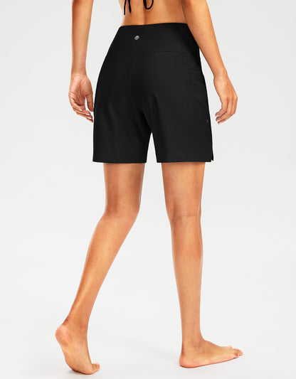 G Gradual Women's 7" Long Swim Board Shorts High Waisted Quick Dry Beach Swimming Shorts for Women with Liner Pockets(Black,L)