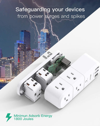 Outlet Extender with Rotating Plug, Mifaso Surge Protector 6 AC Multi Plug Wall Outlets and 3 USB Ports, 1800 Joules, 3-Sided Swivel Power Strip Spaced Splitter for Home, Travel, Dorm Room Essentials