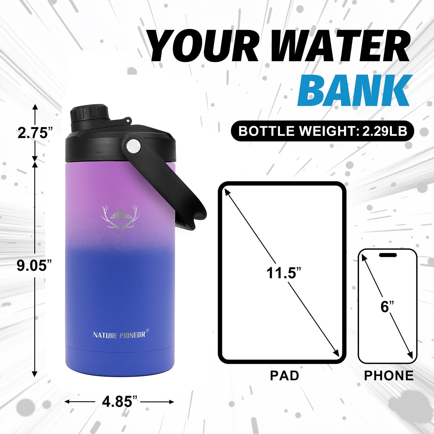 NATURE PIONEOR Insulated Water Bottles with Strap - 64 oz Stainless Steel Vacuum Wide Mouth Bottle with Holder/Carrier/Sleeve - 18/8 Food Grade 64oz Half Gallon Water Jug