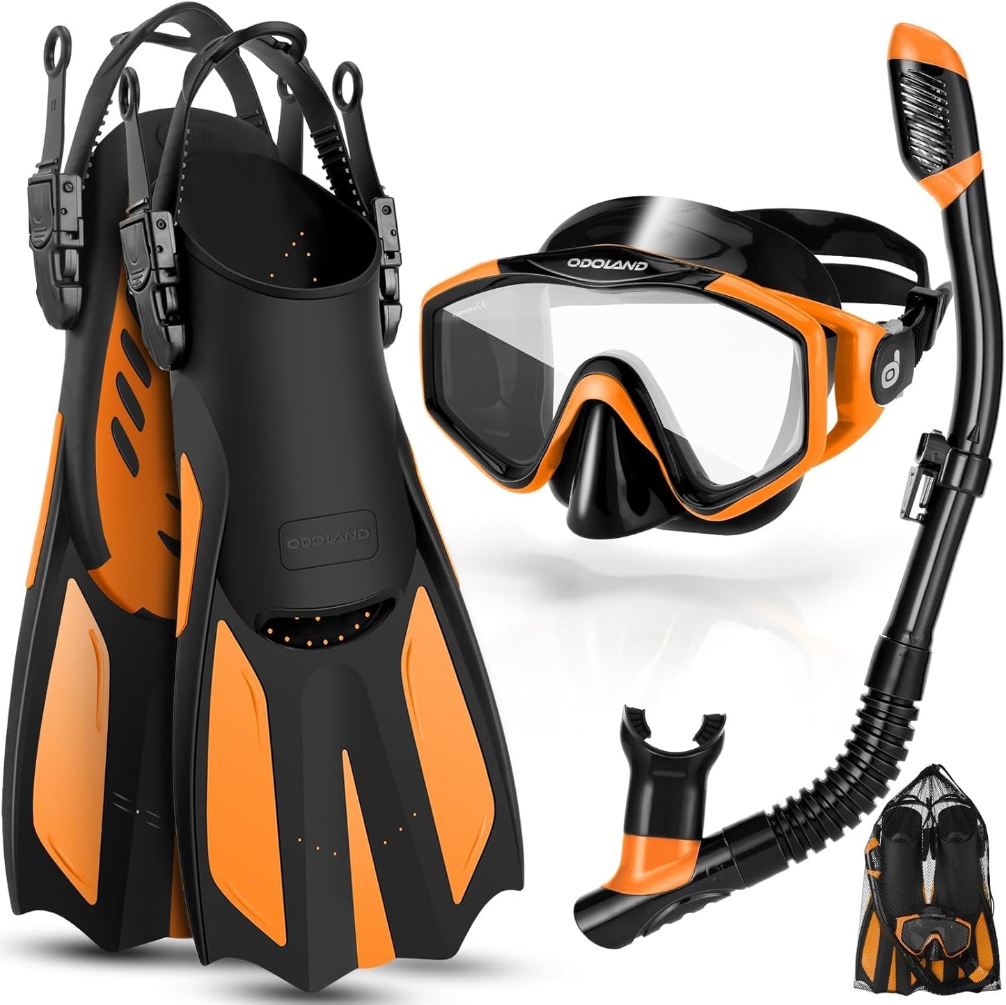 Odoland Snorkel Set, Snorkeling Packages with Dry Top Diving Mask, Adjustable Swim Fins, Mesh Bag, Anti-Fog Anti-Leak Snorkeling Gear for Men Women Adult, Oragne L/XL