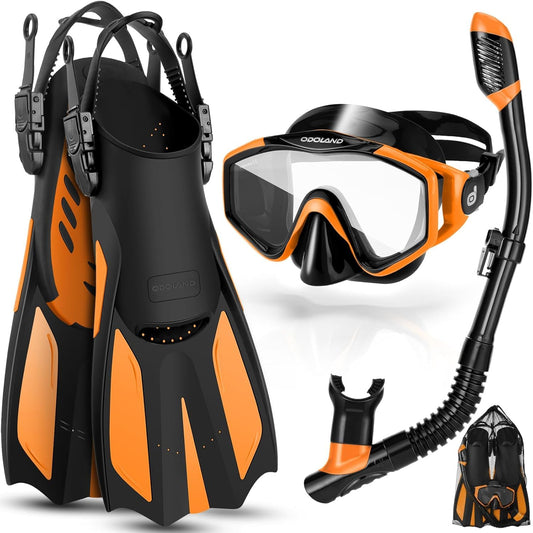 Odoland Snorkel Set, Snorkeling Packages with Dry Top Diving Mask, Adjustable Swim Fins, Mesh Bag, Anti-Fog Anti-Leak Snorkeling Gear for Men Women Adult, Oragne L/XL