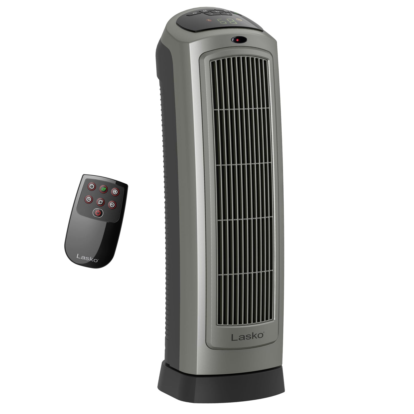 Lasko Portable Oscillating Ceramic Space Heater Tower with Digital Display, Remote Control, 2 Heat Settings and 8 Hour Timer, Gray