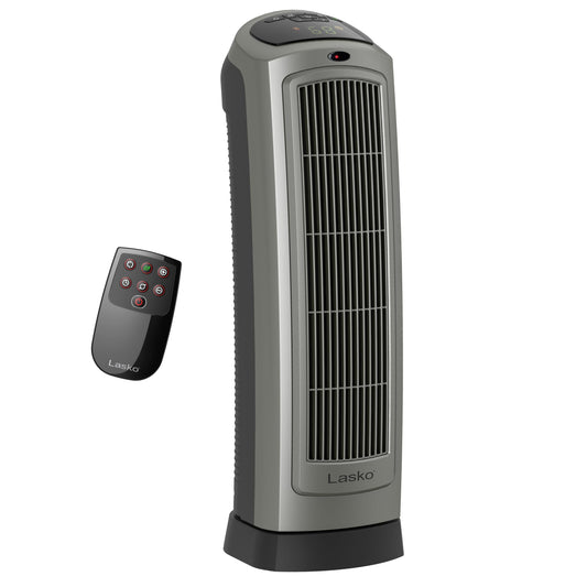 Lasko Portable Oscillating Ceramic Space Heater Tower with Digital Display, Remote Control, 2 Heat Settings and 8 Hour Timer, Gray