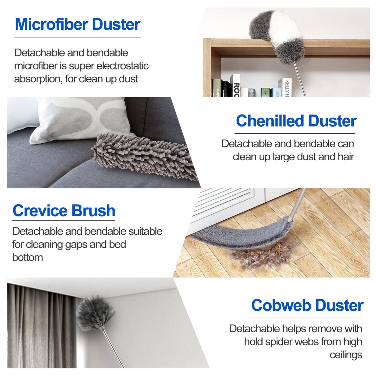 Microfiber Duster Kit (11PCS) - Washable Dusters with Extension Pole (30 to 100 in) for Cleaning Ceilings, Fans, Furniture