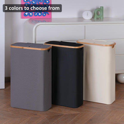 Merkisa 60L Slim Laundry Hamper,Laundry Basket with Lid,Tall Hamper for Laundry,Dirty Cloth Hamper with Bamboo Handle for Toys,Towels, Clothes Organizing,Black