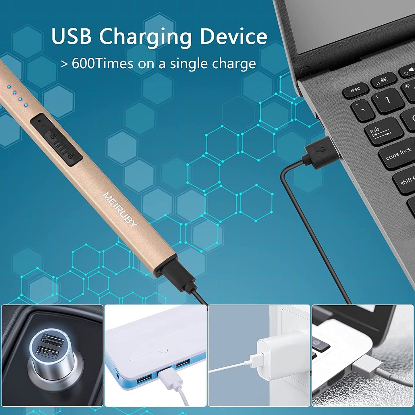 MEIRUBY Lighter Electric Candle Lighter Long Electronic Rechargeable USB Arc Windproof Flameless Lighters for Candle Camping BBQ Birthday Women's Day Gifts for Women Mom Wife Men, Gold