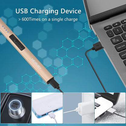 MEIRUBY Lighter Electric Candle Lighter Long Electronic Rechargeable USB Arc Windproof Flameless Lighters for Candle Camping BBQ Birthday Women's Day Gifts for Women Mom Wife Men, Gold