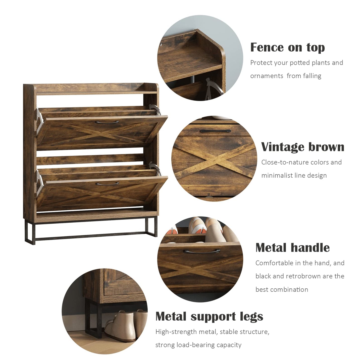 Maupvit Shoe Storage Cabinet with 2 Flip Drawers, Freestanding Shoe Organizer with Metal Legs for Entryway, Narrow Shoe Rack Cabinet, Rustic Brown