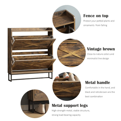Maupvit Shoe Storage Cabinet with 2 Flip Drawers, Freestanding Shoe Organizer with Metal Legs for Entryway, Narrow Shoe Rack Cabinet, Rustic Brown